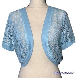 Abollria large blue women’s cover up crochet knit short sleeve NWT